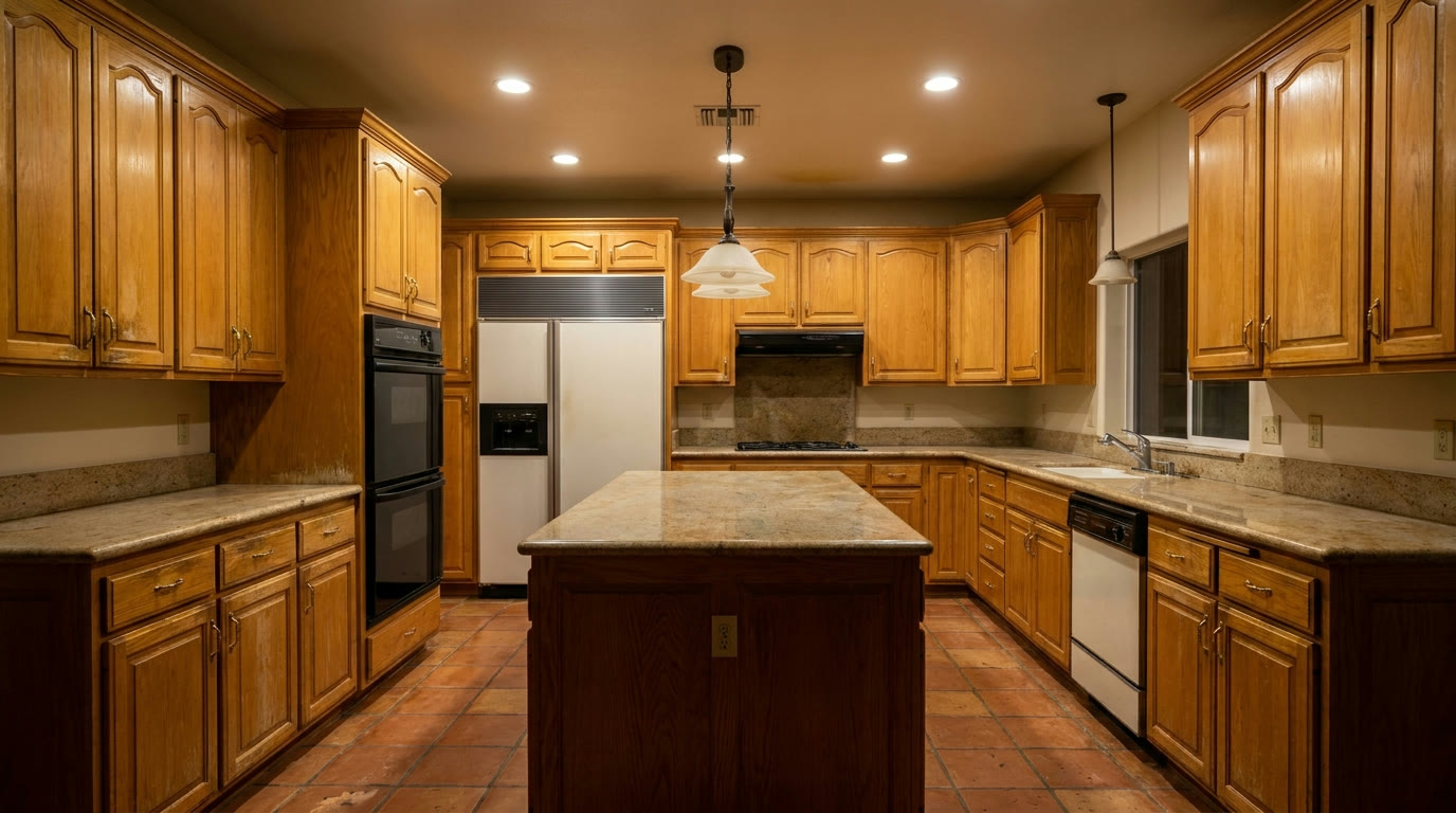 Dark dated kitchen cabinets before Sayerlack refinishing