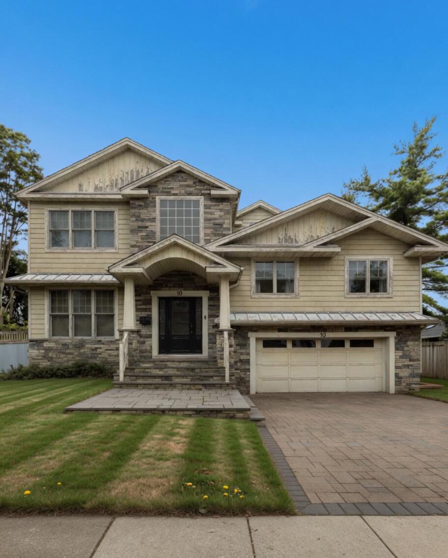 Larger home with faded yellow exterior
